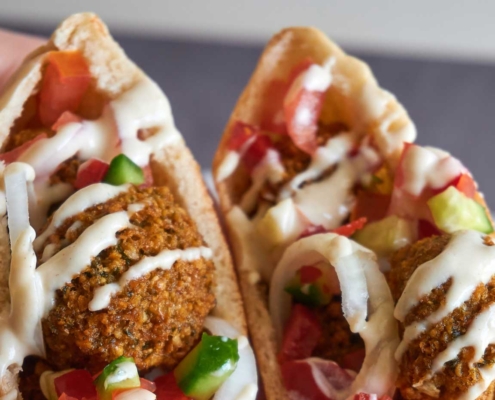 pita filled with falafel and vegetables.